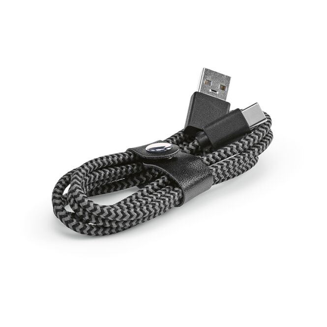 Werbeartikel Ladekabel Leibniz rPET – schwarz – mit Logo bedruckt 1m USB-C auf USB-A Schnellladefunktion für den Büroalltag