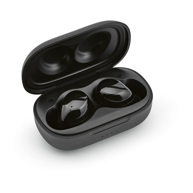 Premium-Werbeartikel Pasteur Ohrhörer rABS – schwarz – mit Logo bedruckt 400 mAh 5h Wiedergabezeit USB-C für Mitarbeiter-Onboarding