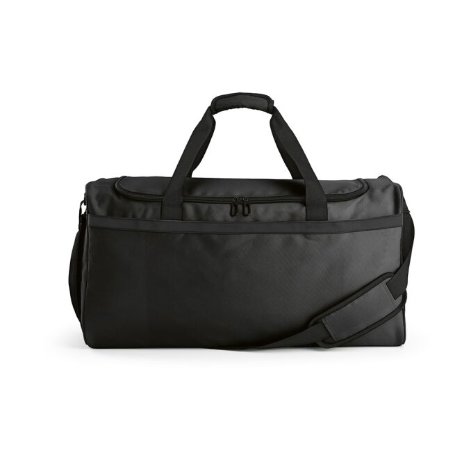 Mitarbeitergeschenk Sporttasche São Paulo L – schwarz – mit Logodruck 50L 100% rPET reflektierend nachhaltige Reisetasche für CSR