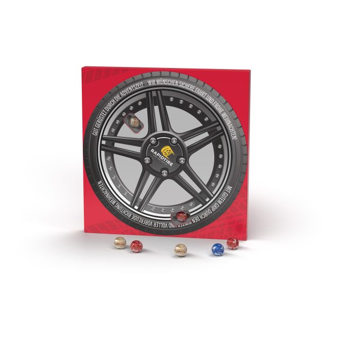 Firmengeschenk Lindt Lindor Adventskalender Drehscheibe – weihnachtlich – mit individuellem Etikett als Weihnachtsgeschenk für Kunden und Partner