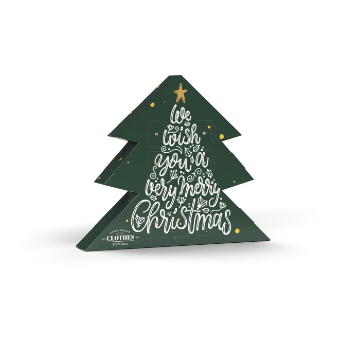 Firmengeschenk Lindt Lindor Adventskalender Tannenbaum Eco – weihnachten – mit bedrucktem Etikett als Weihnachtsgeschenk für Kunden und Partner