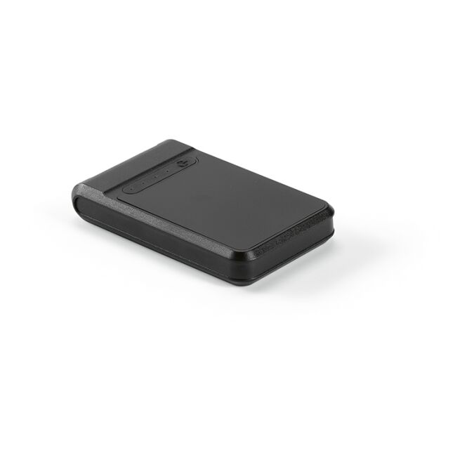 Kundengeschenk Powerbank Ampx – schwarz – mit Logo bedruckt 6000 mAh 18W USB-C für das Mitarbeiter-Onboarding aus nachhaltigem rABS