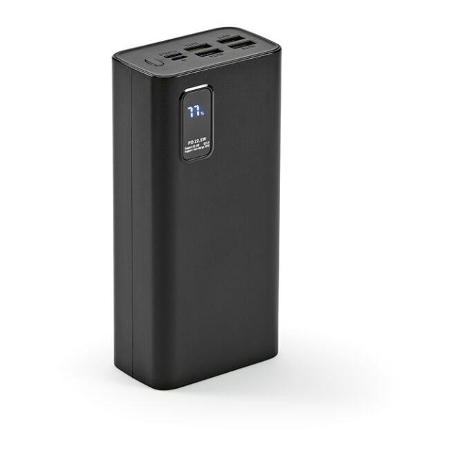 Premium-Werbeartikel Powerbank Hertz – schwarz – mit Werbedruck 30.000mAh rABS 22.5W LED-Display nachhaltige Energielösung