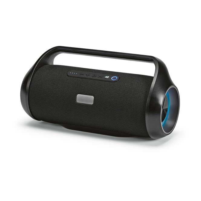 Firmengeschenk Newton Bluetooth Lautsprecher – schwarz – mit Logo bedruckt nachhaltig 40W 6000mAh IPX5 für das Mitarbeiter-Onboarding