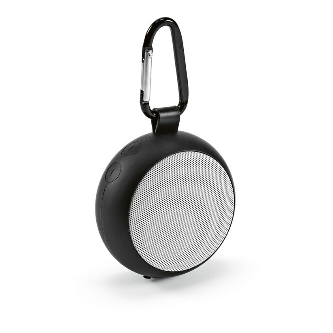 Kundengeschenk Bluetooth Lautsprecher Darwin – schwarz – mit Logo bedruckt 5W 1000mAh USB-C IPX5 wasserdicht nachhaltig für Büroalltag