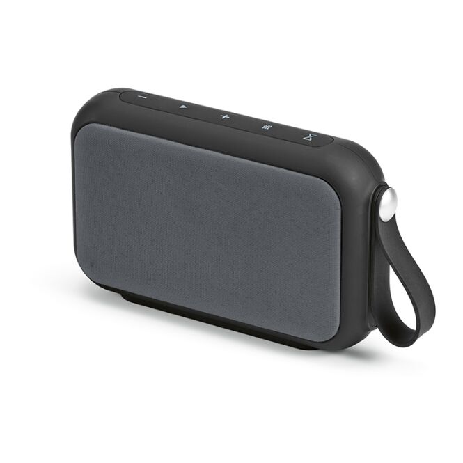 Firmengeschenk Bluetooth Lautsprecher Hawking – schwarz – mit Logo bedruckt nachhaltig 4000 mAh TWS für das Homeoffice
