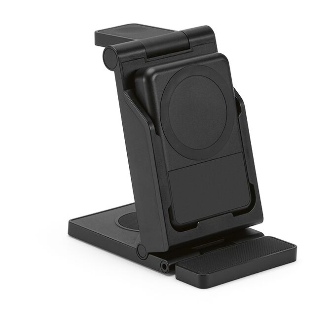 Firmengeschenk 3-in-1 Wireless Charger Trinifty – schwarz – mit Logo bedruckt nachhaltige 5000mAh Powerbank 15W für das Homeoffice