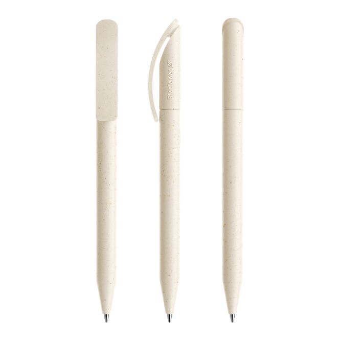 Firmengeschenk Kugelschreiber Prodir DS3 – beige – mit Logodruck, aus erneuerbaren Rohstoffen, 5000m Schreiblänge, nachhaltiges Schreibgerät