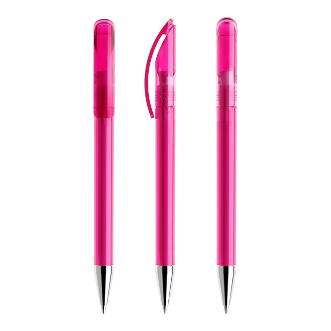 Werbeartikel Prodir DS3 – pink – mit Logo bedruckt nachhaltiger Druckkugelschreiber blau schreibend für den Büroalltag