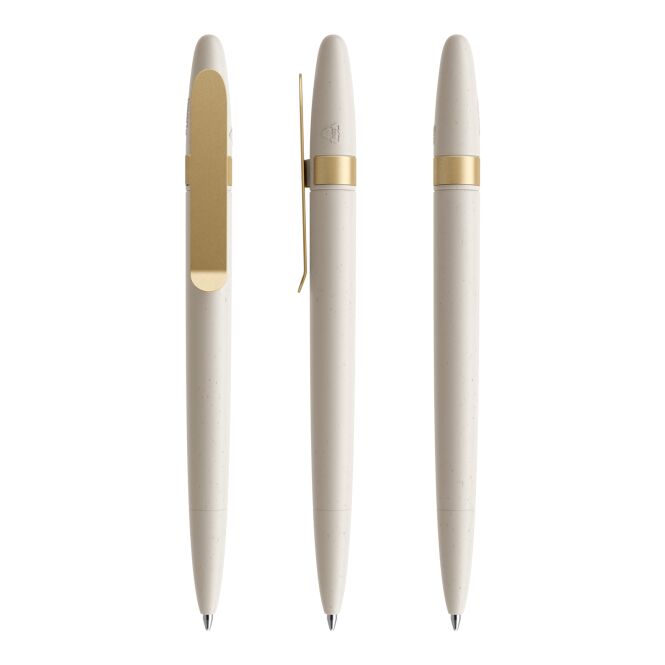 Werbeartikel Kugelschreiber Prodir DS5 – beige-gold – mit Werbedruck aus 30% Muschelschalen nachhaltiges Schreibgerät für Firmenimage