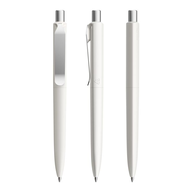 Kundengeschenk Prodir DS8 Druckkugelschreiber – weiss-silber – mit Logo bedruckt blau schreibend für den Büroalltag