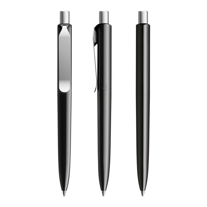 Kundengeschenk Prodir DS8 Druckkugelschreiber – schwarz-silber – mit Logo bedruckt blau schreibend für den Büroalltag