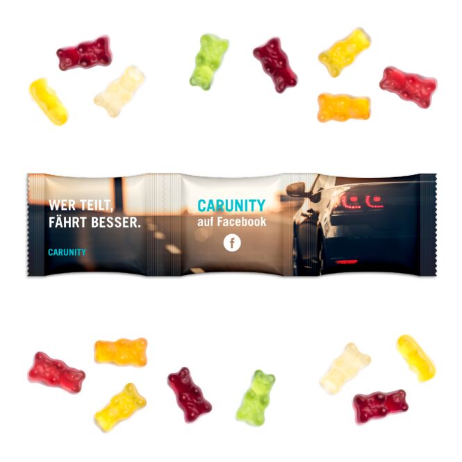Streuartikel 3er Kettenbeutel Gummibärchen – weiss – mit Logo bedruckt 15 g für Messen und Events an potenzielle Kunden als Streuartikel