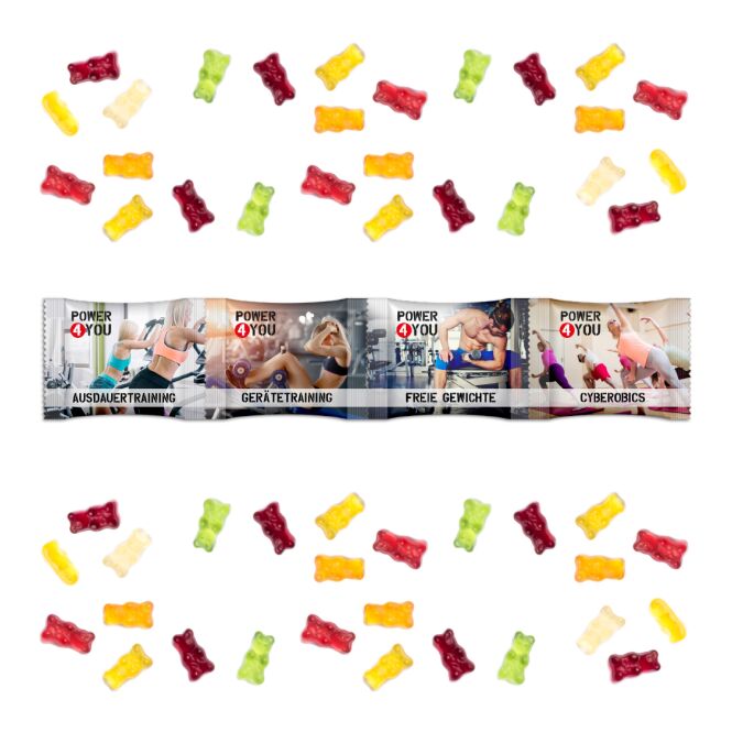 Streuartikel Gummibärchen 4er Kettenbeutel – fruchtig – mit individuellem Werbeaufdruck 20 g als Giveaway für Messen und Firmenevents