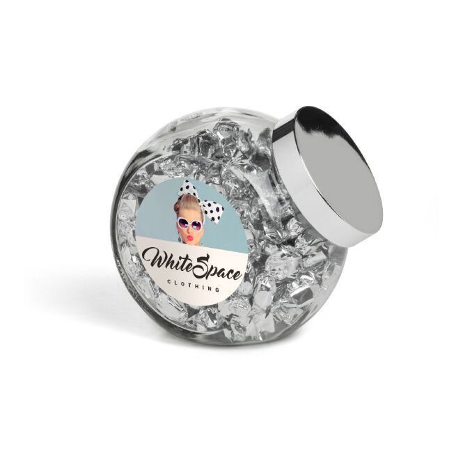 Streuartikel Bonbonglas rundes Glas – mit logo bedruckt – mit individuellem Etikett für Messen und Events an potenzielle Geschäftspartner