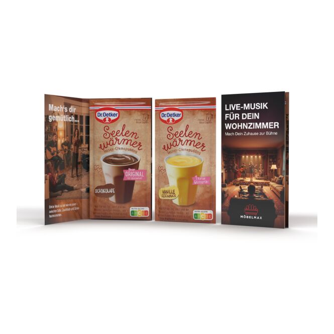 Werbeartikel Dr. Oetker Tassenpudding in Werbeklappkarte – vanille oder schokolade – mit individuellem Etikett für Mitarbeiter als Geschenk