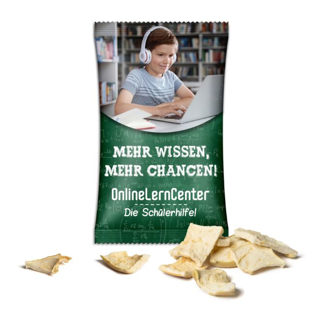 Streuartikel Apfelchips – weiss – mit Logo bedruckt als knackige Knabbereien für Kunden und Geschäftspartner auf Messen und Firmen-Events