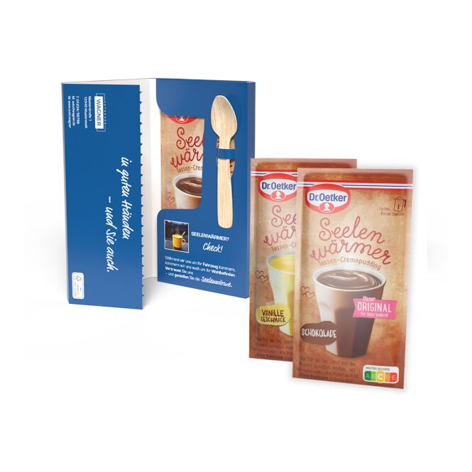 Streuartikel Dr. Oetker Tassenpudding Mailingmappe – vanille oder schokolade – mit individueller Banderole als Werbemittel für Messen