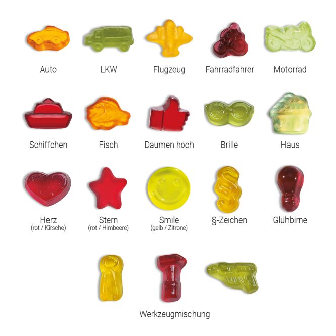 Werbeartikel Fruchtgummi Standardformen – weiss – mit Logo bedruckt als Streuartikel für Messen und Events für potenzielle Neukunden