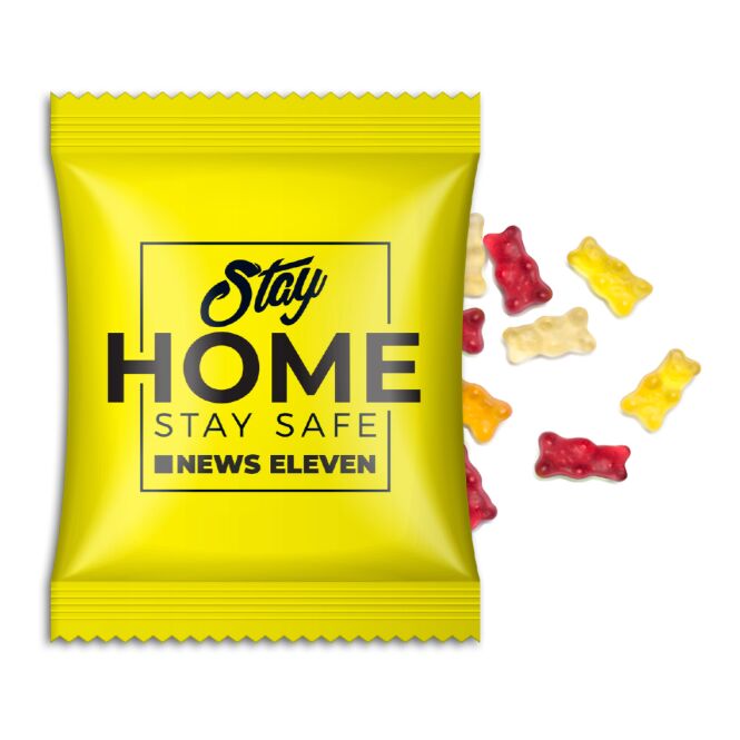 Werbeartikel Gummibärchen vegan – weiss – mit individuellem Werbedruck 15g, klimaneutral, nachhaltiges Naschwerk für CSR-Promotions