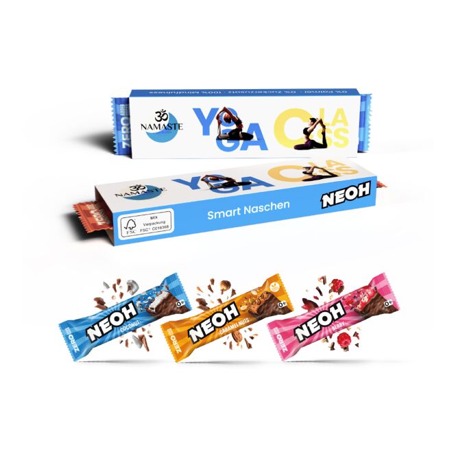 Werbemittel NEOH Schokoriegel im Werbeschuber – caramel nuts – mit individuellem Werbeaufdruck als nachhaltiges Firmengeschenk für Partner