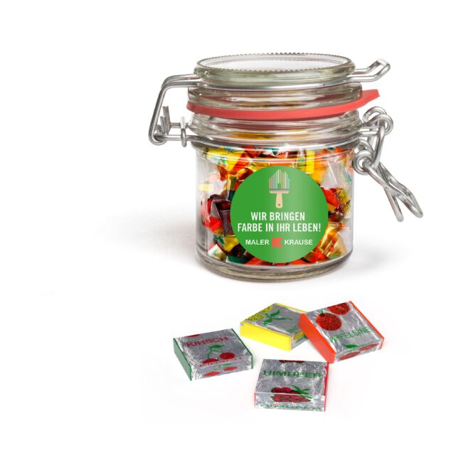 Werbeartikel Fruchtkaramellen im Nostalgie Glas – mit fruchtigem geschmack – mit individuell bedrucktem etikett als giveaway für messen
