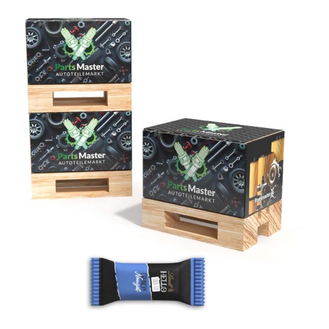 Firmengeschenk Mini-Palette – holzfarben – mit Logo bedruckt, originelle Geschenkbox für Transport-Branche, ideal für Events