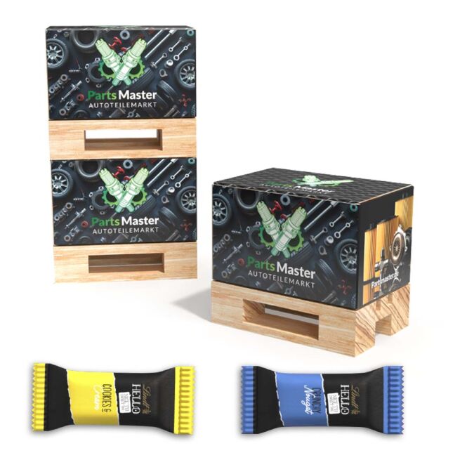 Firmengeschenk Mini-Palette – holz – mit Logo bedruckt originelle Geschenkbox für Messen & Events