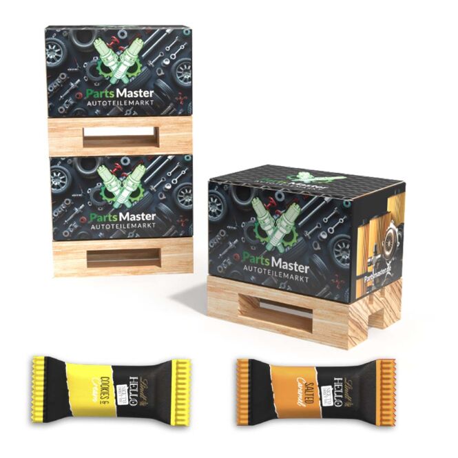 Firmengeschenk Mini-Palette – holz – mit Logo bedruckt originelle Geschenkbox für Transport-Branche ideal für Messen & Events
