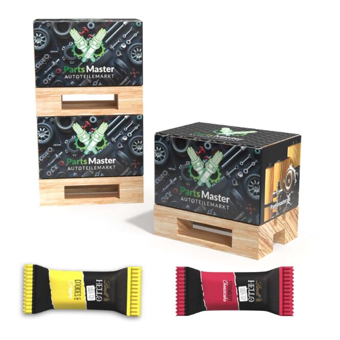 Firmengeschenk Mini-Palette – holz – mit Logo bedruckt originelle Geschenkbox für Transportbranche als Werbemittel für Events