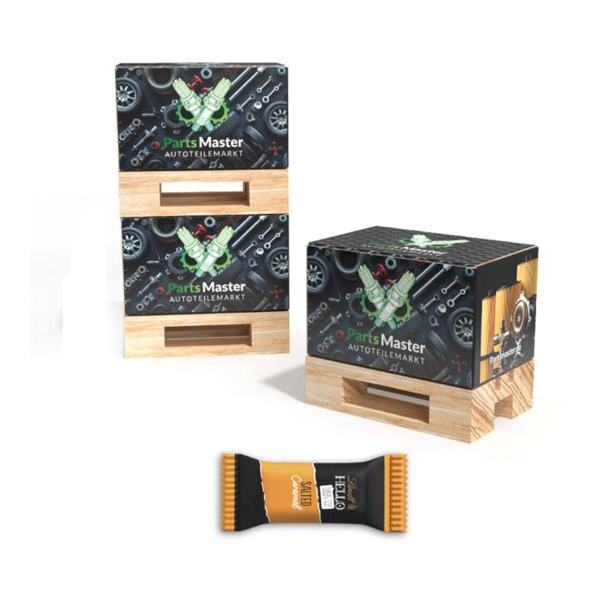 Firmengeschenk Mini-Palette – vollflächig bedruckt – kreative Geschenkbox aus Holz, idealer Werbeträger für Messen & Events