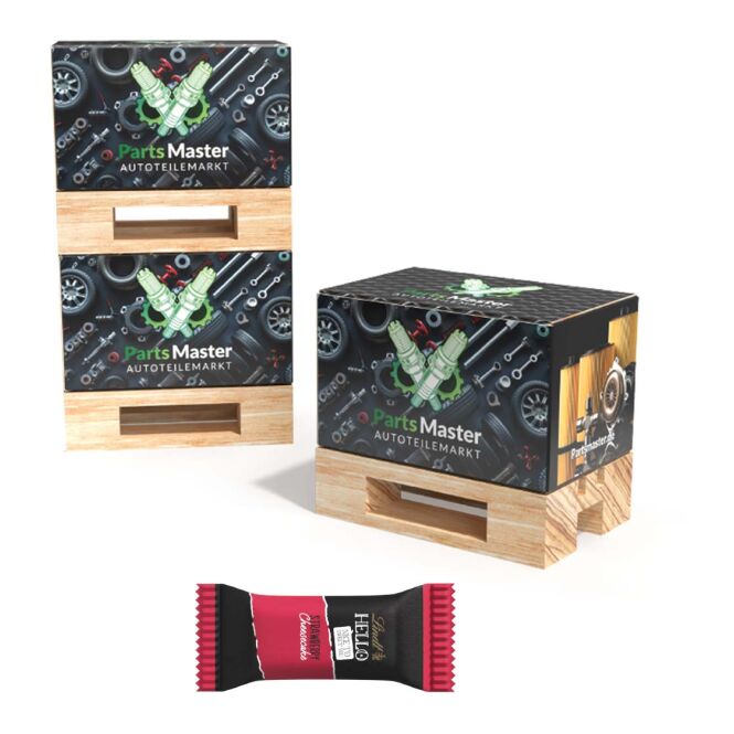 Firmengeschenk Mini-Palette – klein – mit Logo bedruckt originelle Geschenkbox aus Holz ideal als Streuartikel für Messen