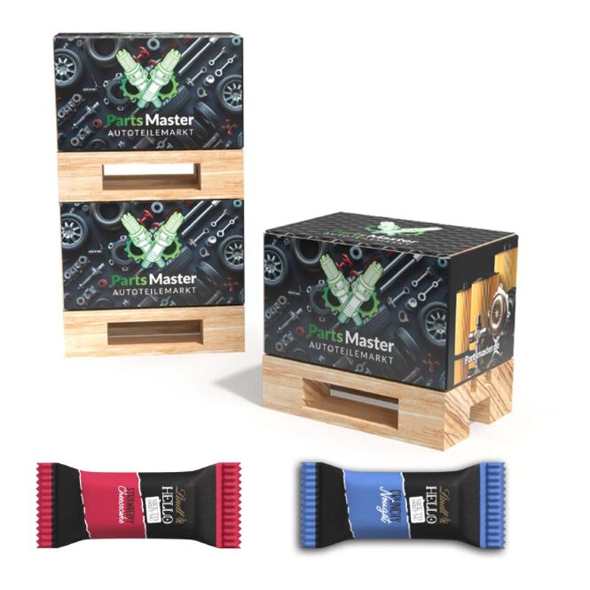 Firmengeschenk Mini-Palette – holzfarben – mit Logo bedruckt, originelle Transport-Geschenkbox für Messen & Events