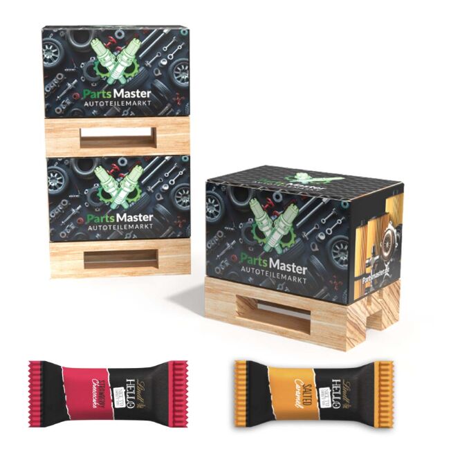 Firmengeschenk Mini-Palette – holzfarben – mit Logo bedruckt, originelle Transportbox für den professionellen Firmenauftritt
