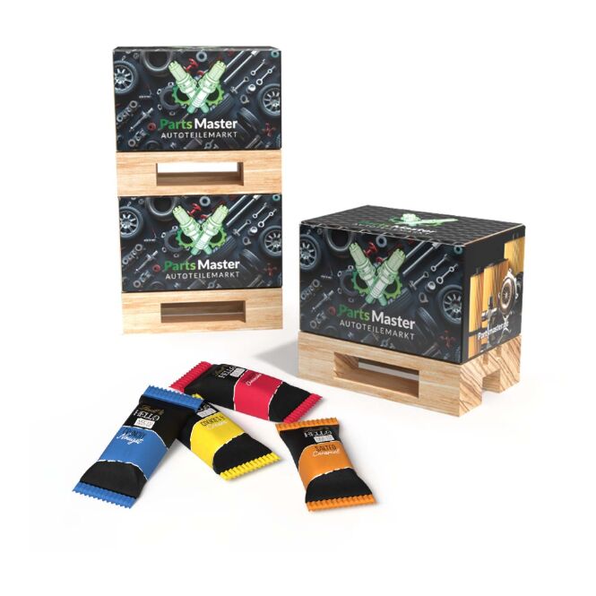 Firmengeschenk Mini-Palette – holzfarben – mit Logo bedruckt, originelle Geschenkbox, idealer Streuartikel für Messen & Events
