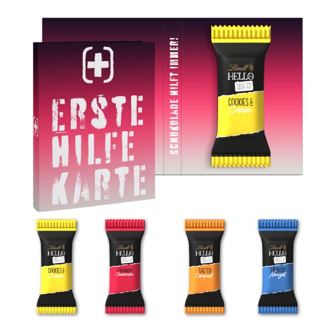 Premium-Werbeartikel Lindt HELLO Mini Stick – mit werbeklappkarte – mit Logo bedruckt als hochwertiges Firmengeschenk für Kunden und Partner
