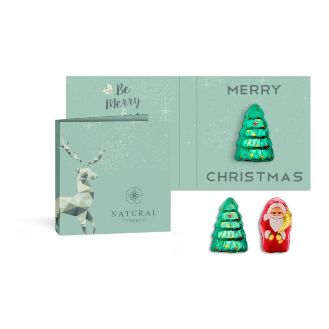 Firmengeschenk Rausch Plantagen Schokoladen-Figuren in Klappkarte – weihnachtlich – mit individuellem Werbeaufdruck als Weihnachtsgeschenk