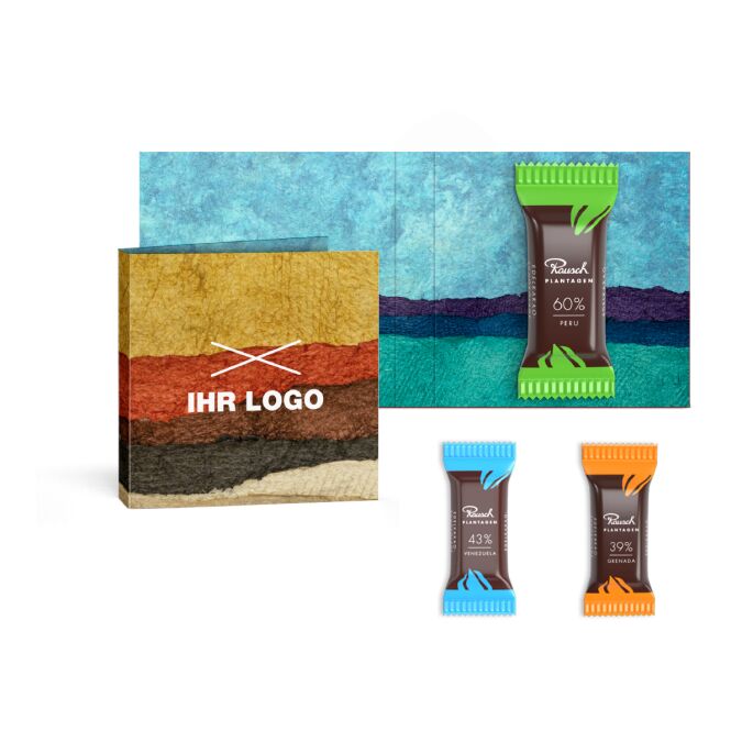 Premium-Werbeartikel Rausch Plantagen Minis in Klappkarte – schokoladig – mit individuellem Werbeaufdruck als Firmengeschenk für Kunden