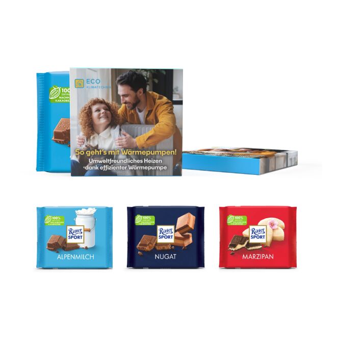 Premium-Werbeartikel Ritter Sport Tafel in Vollkartonage – schokolade – mit individuellem Werbeaufdruck als Firmengeschenk für Partner