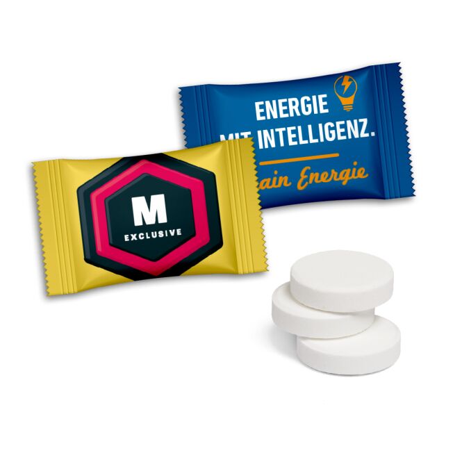 Streuartikel Pfefferminztabletten Flowpack – weiss – mit Logo bedruckt als ideales Werbegeschenk für Kunden und Mitarbeiter auf Messen