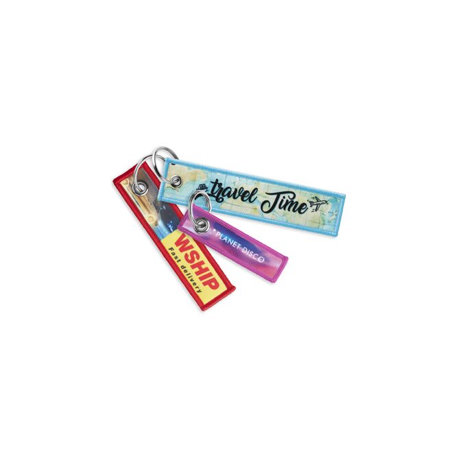Werbeartikel Schlüsselanhänger Stoff – gelb – mit Logo bedruckt 13 x 3 cm aus Polyester als praktisches Messe-Giveaway