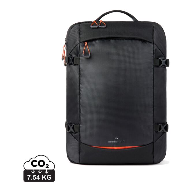 Mitarbeitergeschenk Rucksack Nordic Drift RCS 25L – schwarz-orange – mit Logo bedruckt 32,5x10x49,5cm Laptopfach Firmengepäck