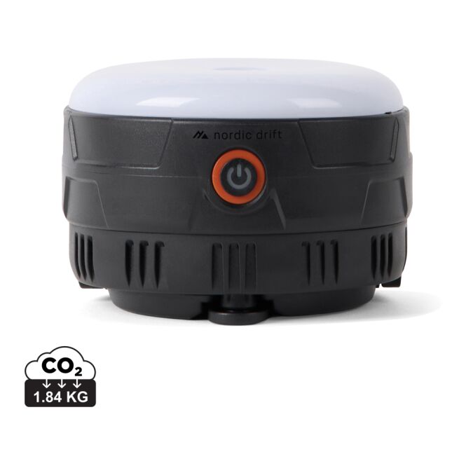 Mitarbeitergeschenk Campinglaterne Nordic Drift Everest – schwarz – mit Logo bedruckt 200 Lumen IPX44 robuste Lichtquelle