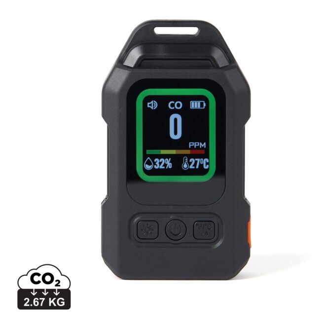 Mitarbeitergeschenk CO-Detektor Nordic Drift Everest – schwarz – mit Logo bedruckt, 2000mAh Akku, 100dB Alarm, kompakter Gasmelder
