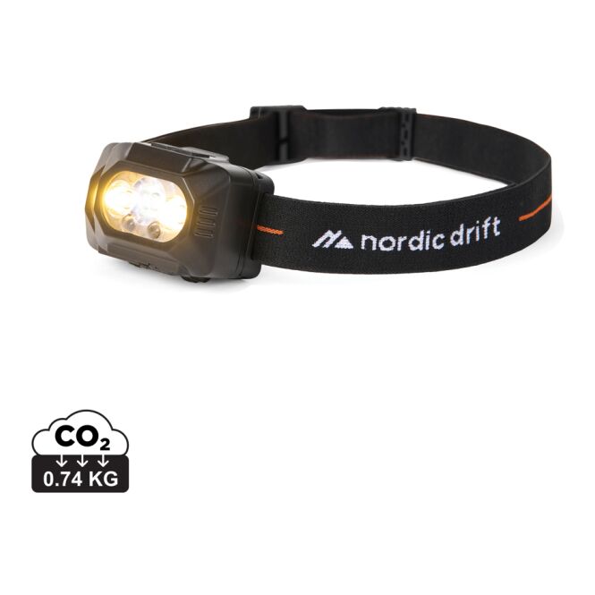 Premium-Werbeartikel Stirnlampe Nordic Drift Everest – schwarz – mit Logo bedruckt 1000lm 100m IP44 recyceltes ABS für Firmen