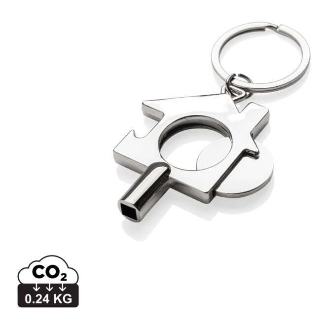Firmengeschenk Multifunktions-Schlüsselring RCS Zinklegierung – silber – mit Logo bedruckt mit Einkaufswagenlöser und Flaschenöffner
