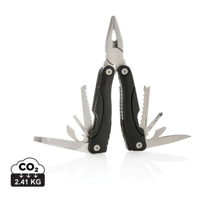 Mitarbeitergeschenk Multitool Fix – schwarz – mit Logo bedruckt 14 Funktionen für den flexiblen Baustelleneinsatz vielseitiges Multifunktionswerkzeug