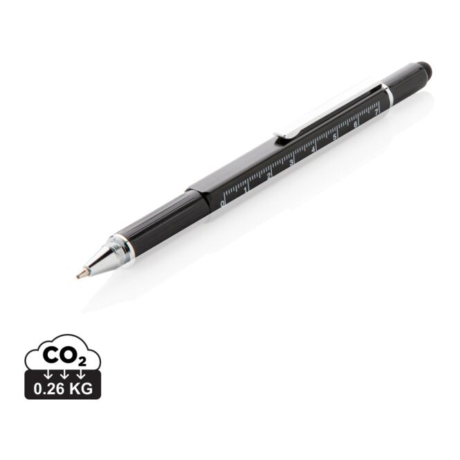 Werbeartikel 5-in-1 Tool-Stift – schwarz – mit Logo bedruckt 400m blauschreibend mit 7cm Skalierung für technische Notizen