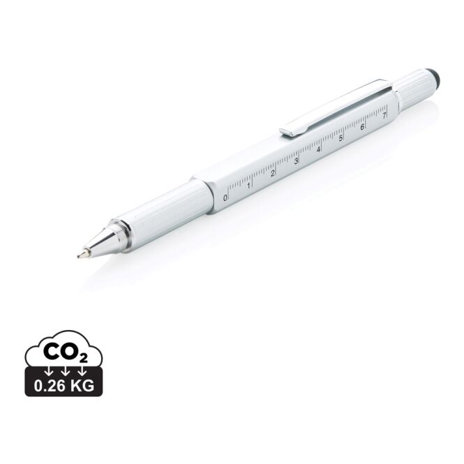 Werbeartikel 5-in-1 Tool-Stift – grau – mit Logo bedruckt. Inklusive 7cm-Skalierung, Wasserwaage und Stylus für Montagearbeiten