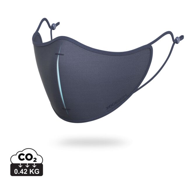 Mitarbeitergeschenk Gesichtsmaske XD Design – marineblau-blau – mit Logo bedruckt 3-Layer Design mit Nanofaser-Filter